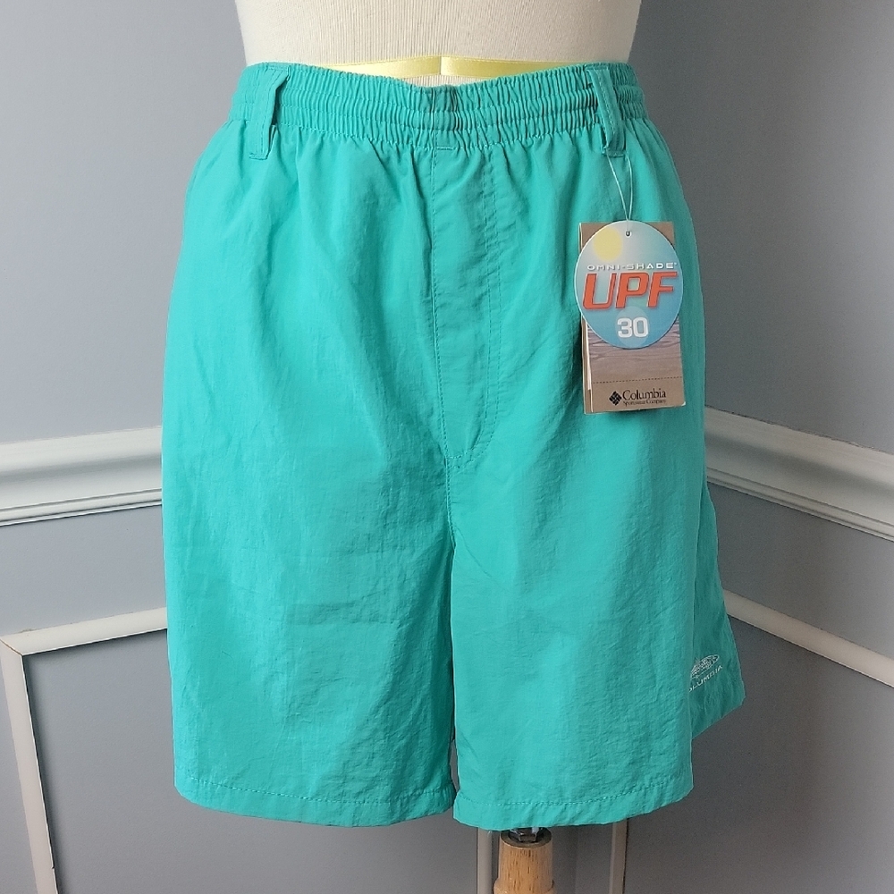 COLUMBIA‎ PFG Omi-Shade Teal Elastic Drawstring Waist Performance Swim Shorts L